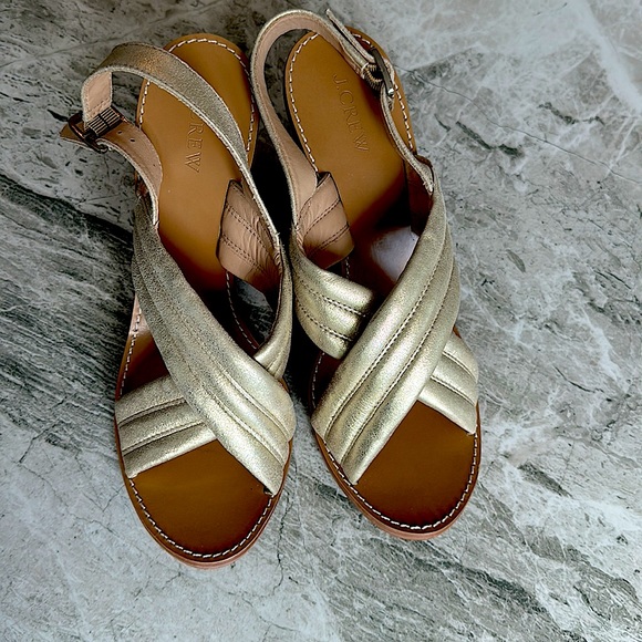 J Crew Metallic Marcie Leather Gold Sandals - Picture 1 of 5